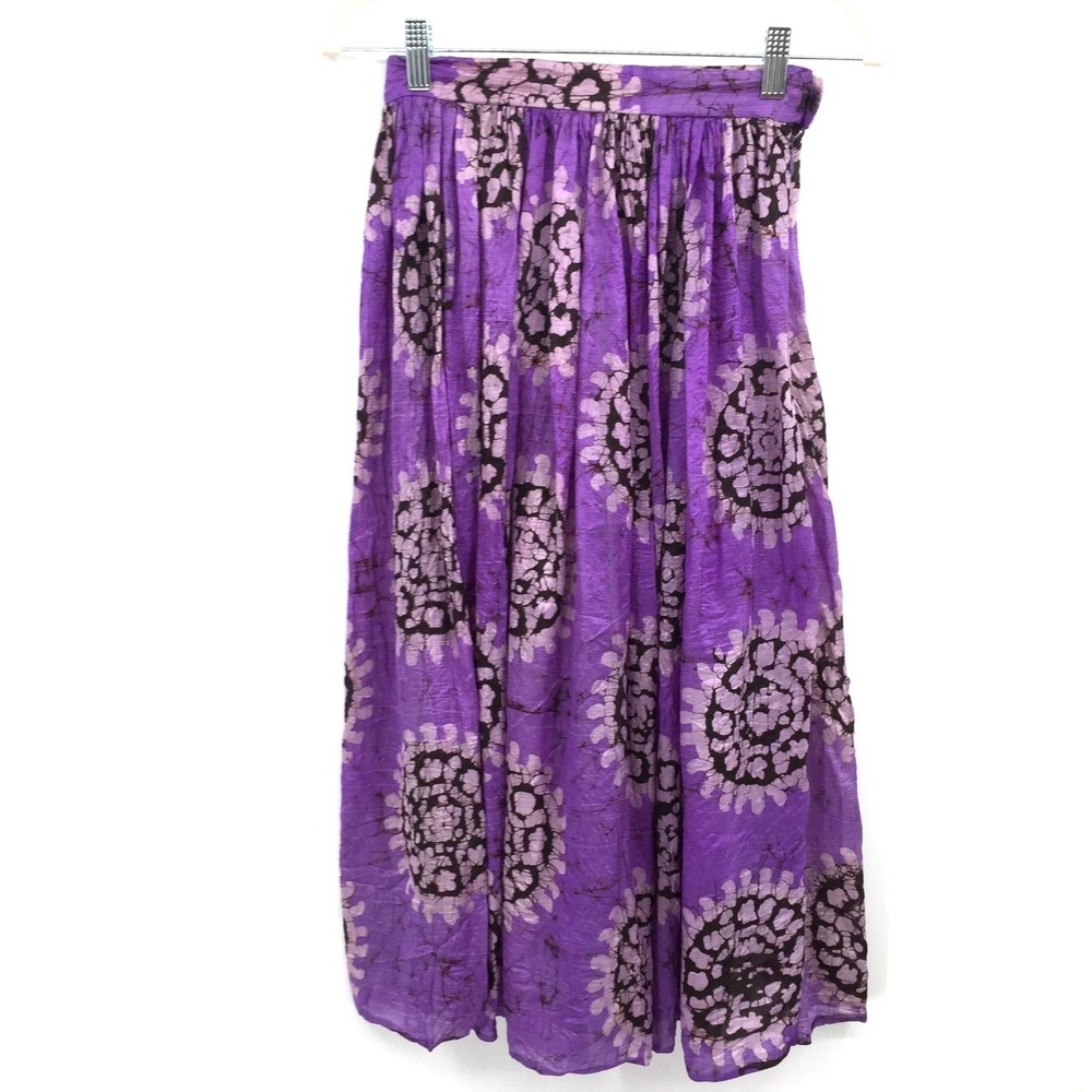 Handmade Purple Silk maxi Skirt boho mandala batik pleat fairycore broomstick XS